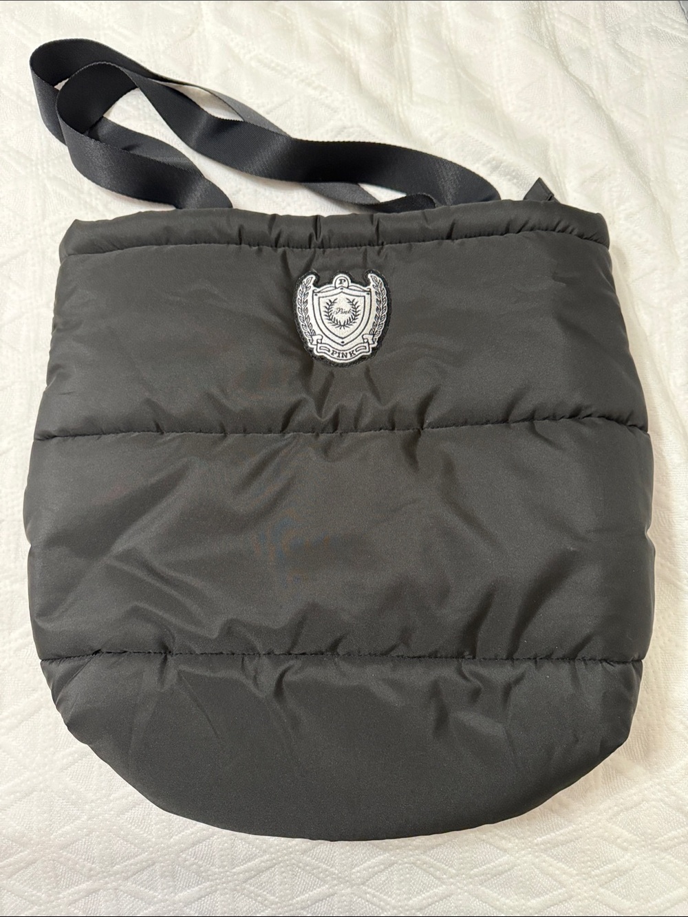 Victoria Secrets Pink Black Quilted Shoulder Tote Bag with Crest Emblem
